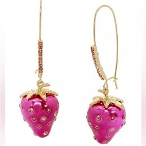 Betsey Johnson Gold Tone Metallic Fuchsia Strawberry Drop Earrings Crystal NWT